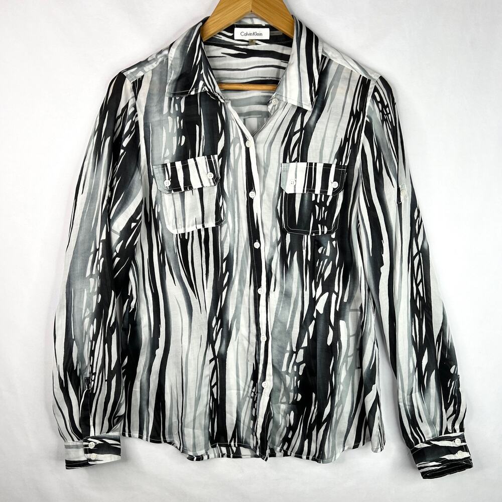 Calvin Klein B&W Abstract Stripe Semi Sheer Button Down Medium